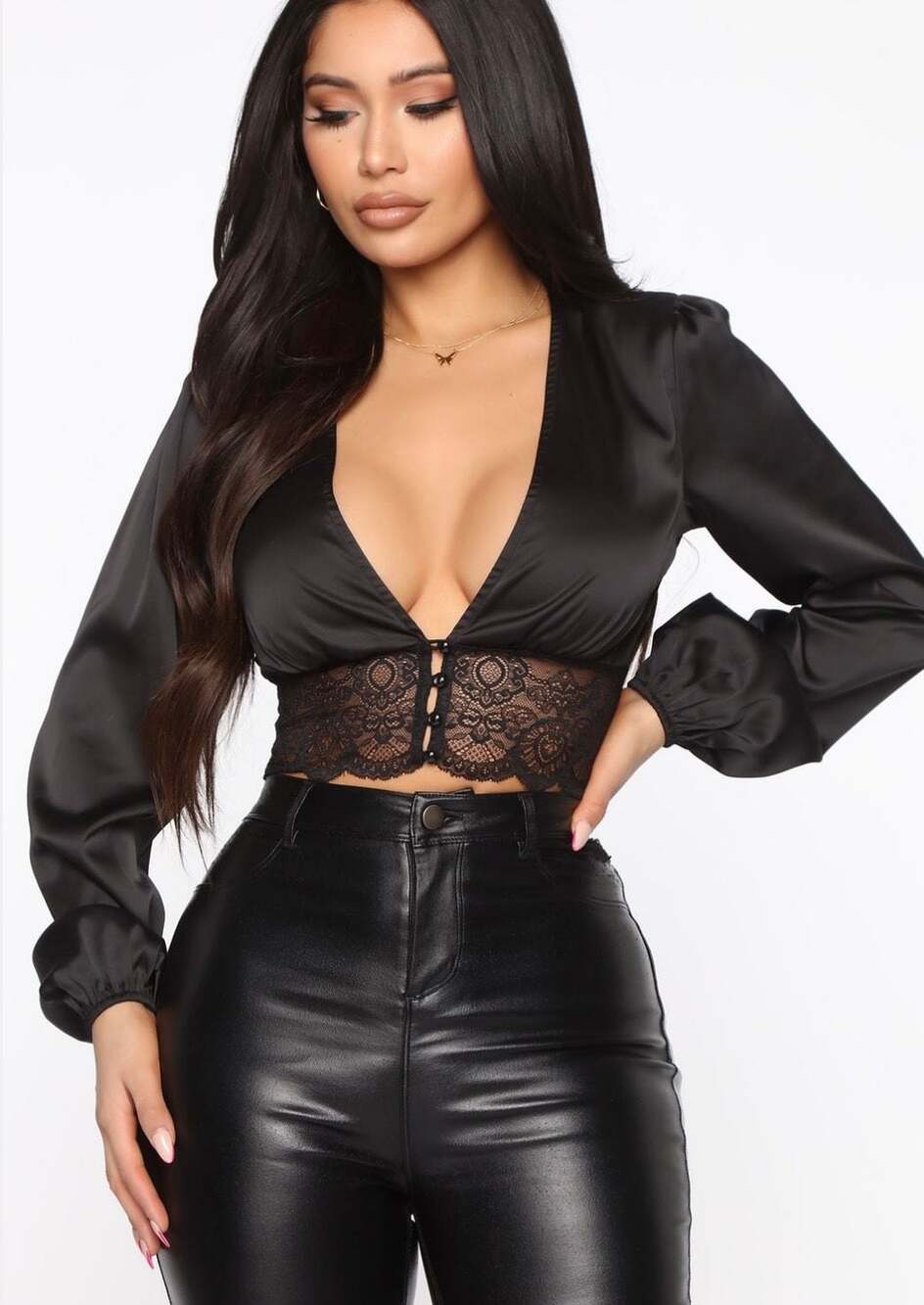 Fashion Nova Long Sleeve Satin and Lace Trim V-Neck Cropped Blouse